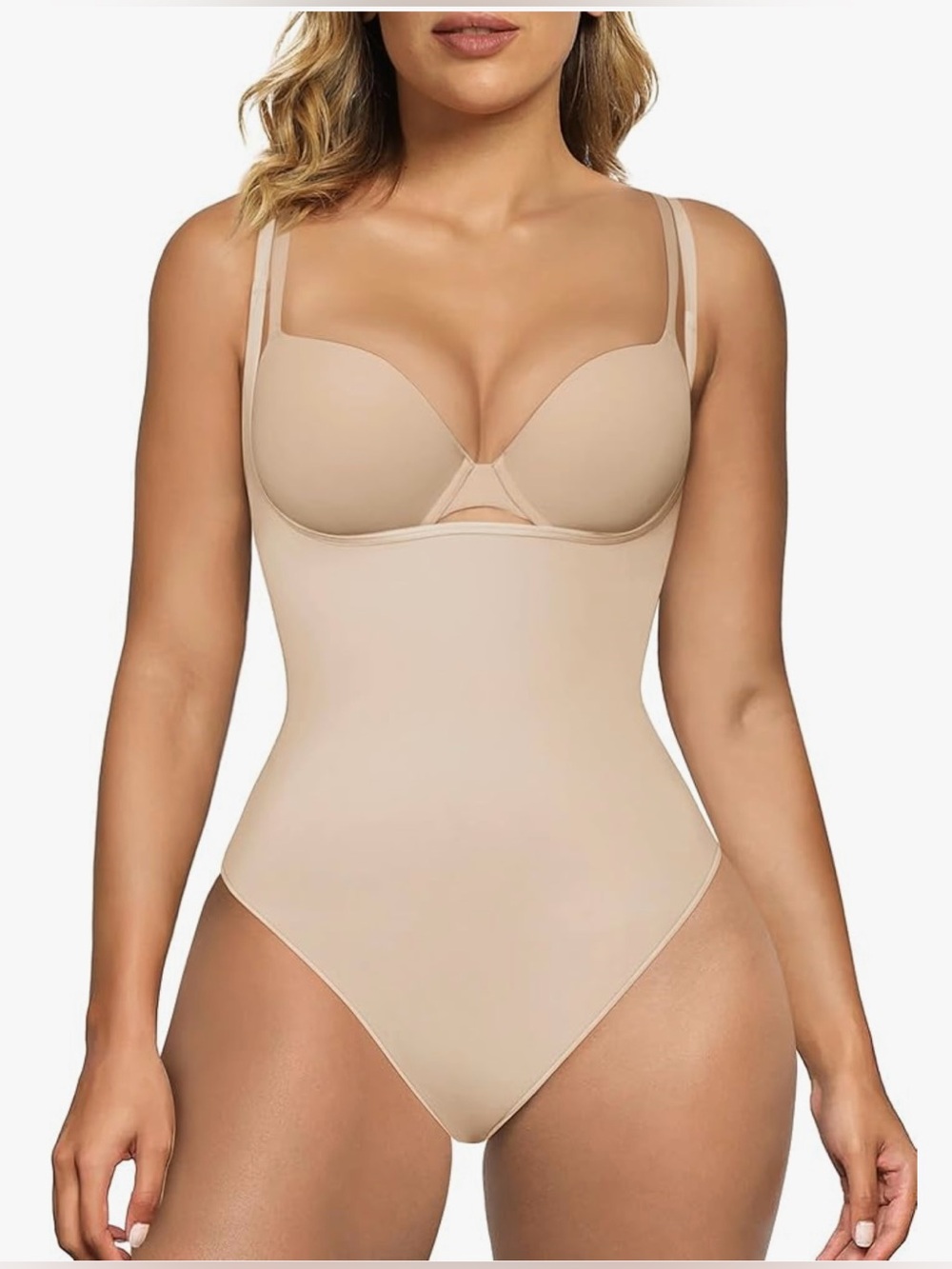 Nude Open Bust Shapewear Tummy Control Compression Spandex Thong Bodysuit Sz L